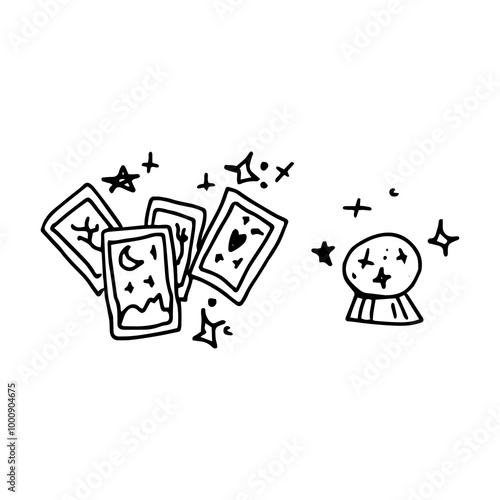 Happy halloween, mystical magic: tarot cards and a magic orb. decoration carnival element. Doodle vector art. Childish naive illustration