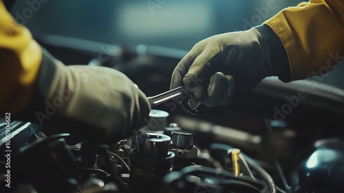 A mechanic's hands in gloves use a wrench to tighten a bolt under the hood of a car.