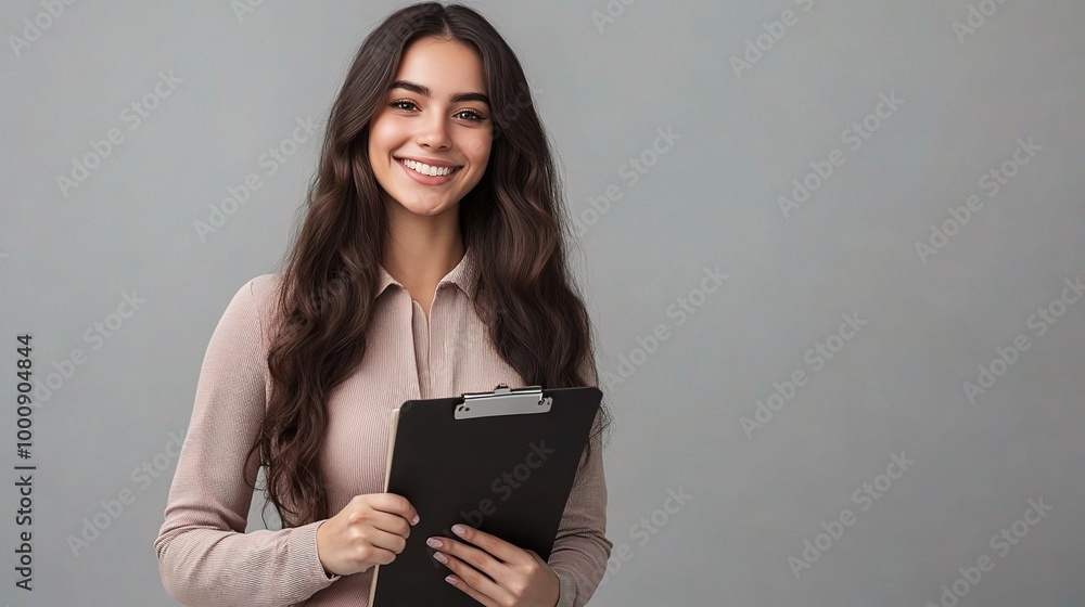 Smiling Woman Holding Clipboard in Neutral Background Smiling Woman Holding Clipboard in Neutral Background