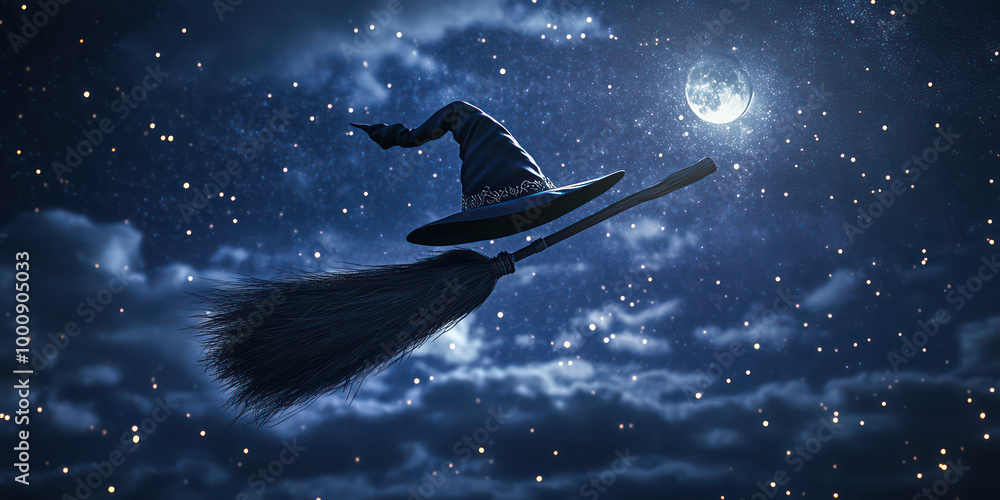 Fototapeta premium A witch's hat and broom are silhouetted against a starry night sky, illuminated by a bright moon, evoking a magical and mysterious atmosphere.