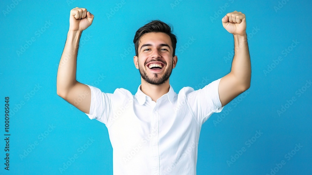 Fototapeta premium Happy Man Celebrating Against Blue Background