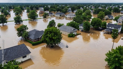 Wallpaper Mural A view of a flooded residential area, with homes surrounded by water and trees partially submerged, showing the impact of heavy rains  Torontodigital.ca