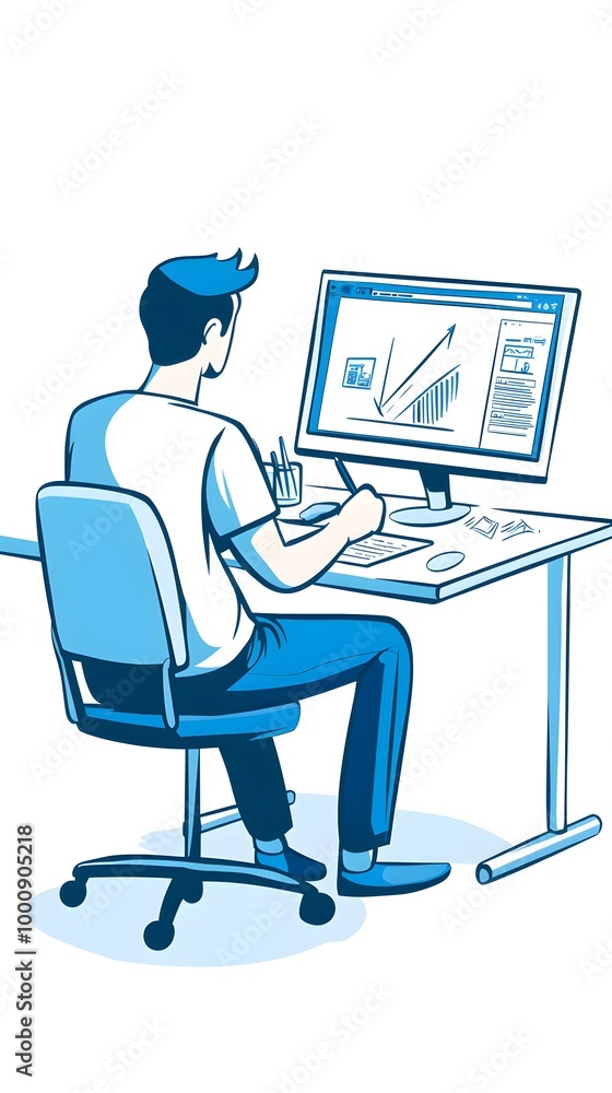 An icon of an employee sitting at their desk, using graphic design software on the computer to create flat illustrations in blue and yellow tones An icon of an employee sitting at their desk, using graphic design software on the computer to create flat illustrations in blue and yellow tones