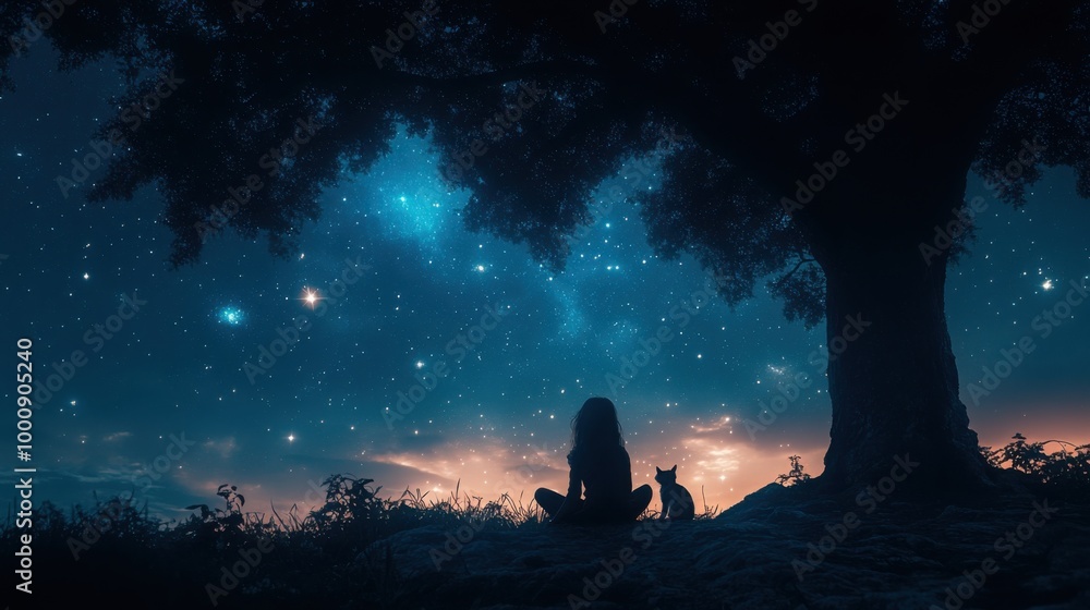Under the shelter of a grand tree, a little girl sits beside her cat, marveling at the breathtaking view of a star-filled sky glowing with a magical light. Under the shelter of a grand tree, a little girl sits beside her cat, marveling at the breathtaking view of a star-filled sky glowing with a magical light.