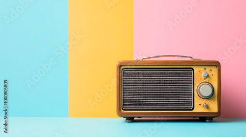 A vintage radio on a yellow and pink background.