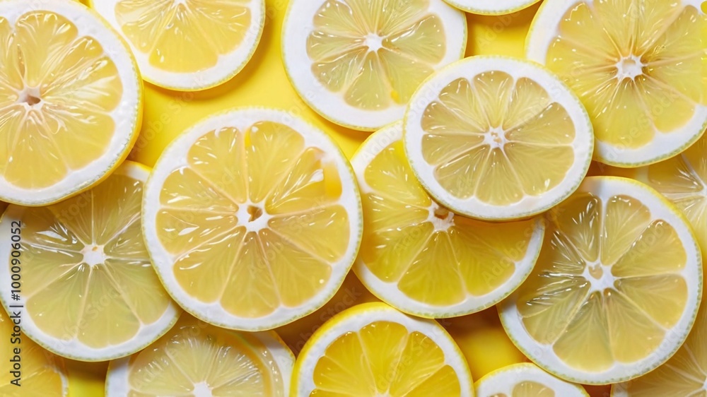 Close-up of vibrant yellow lemon slices on a bright yellow background. Close-up of vibrant yellow lemon slices on a bright yellow background.