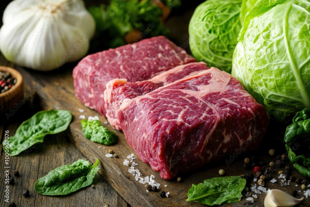 Paleo Diet Collection: Closeup of Fresh Proteins, Beef, and Cabbage for Healthy Dinner Paleo Diet Collection: Closeup of Fresh Proteins, Beef, and Cabbage for Healthy Dinner