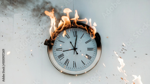 Burning clock isolated on white background. Time pressure, deadline, work pressure, time is running out, time management concept 