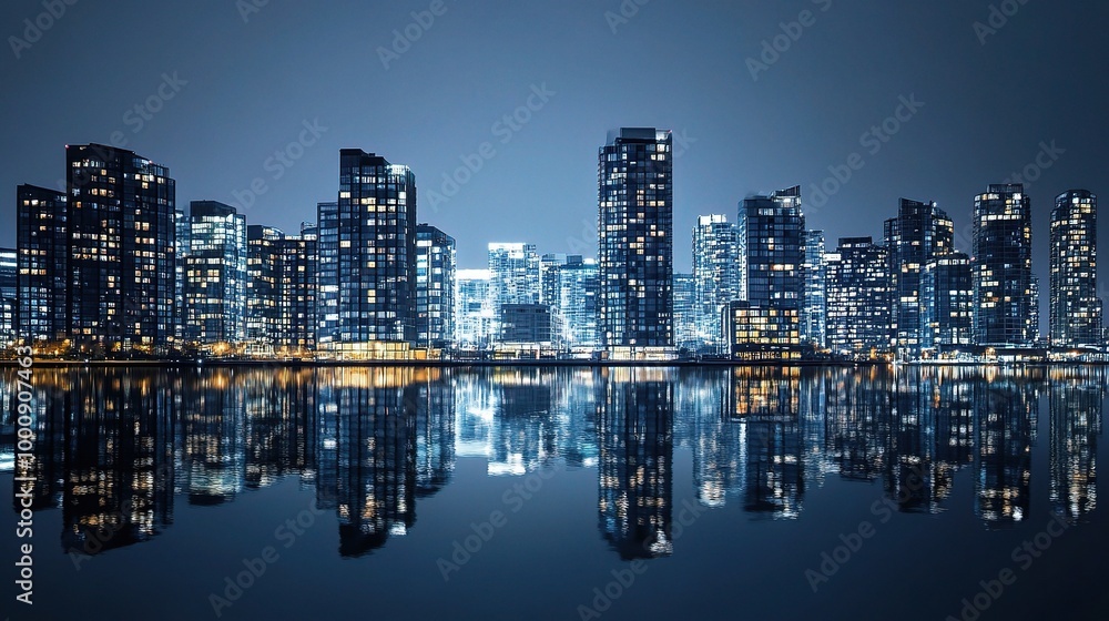 Naklejka premium Night Scene of Urban Cityscape with Reflections
