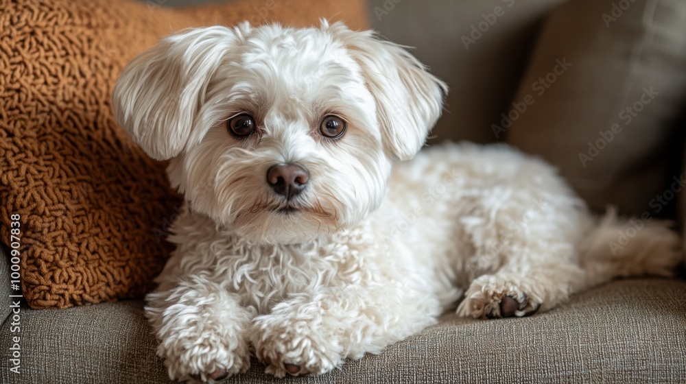 A Maltipoo enjoys a cozy rest on a macramé recliner in a bright and inviting indoor space A Maltipoo enjoys a cozy rest on a macramé recliner in a bright and inviting indoor space