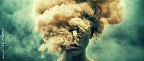 A surreal portrayal of a figure's head enveloped in swirling clouds, symbolizing confusion, thoughts, or emotional turmoil. photo