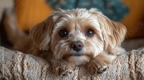 A Maltipoo enjoys a cozy rest on a macramé recliner in a bright and inviting indoor space