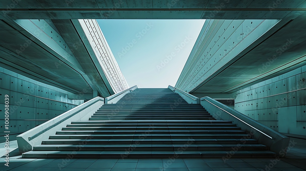 A beautiful broad stairway stretches from the face of a futuristic edifice A beautiful broad stairway stretches from the face of a futuristic edifice