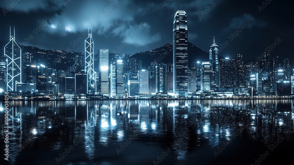 Fototapeta premium Nighttime Cityscape Reflection Over Water