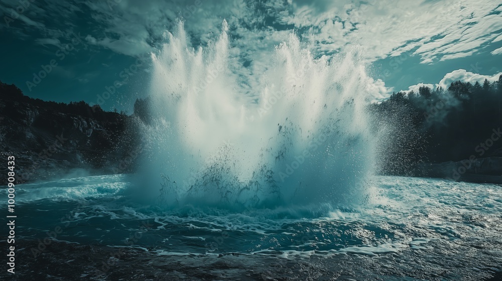 Obraz premium Erupting Geyser with Water and Steam Burst