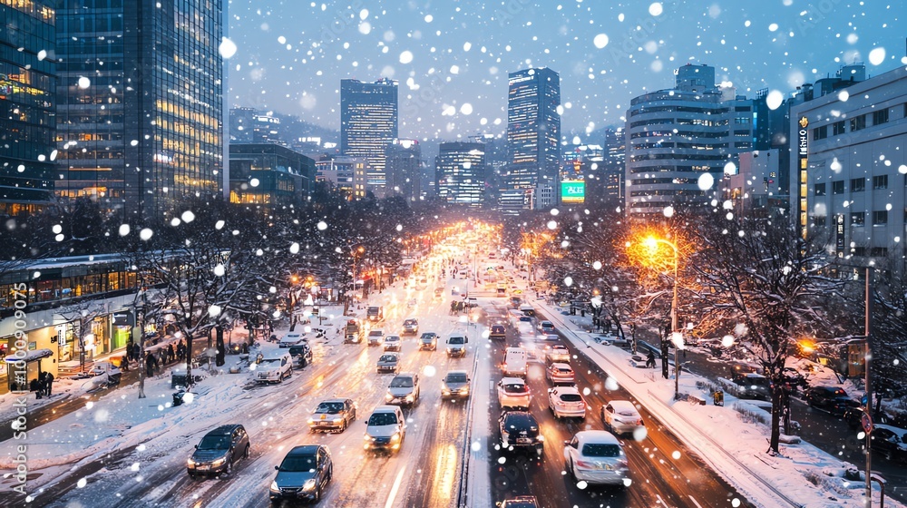A city street covered in snow with cars driving down the road and buildings in the background. A city street covered in snow with cars driving down the road and buildings in the background.