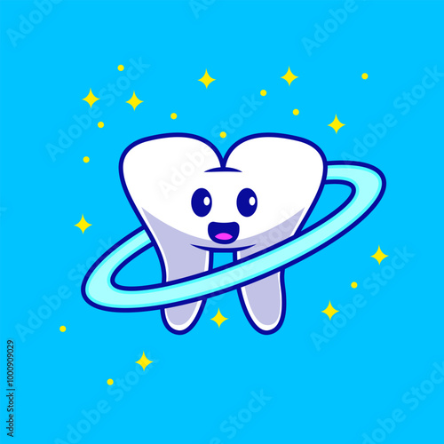 Happy Galactic Tooth Cartoon Vector Illustrations. Space Dental Planet 
