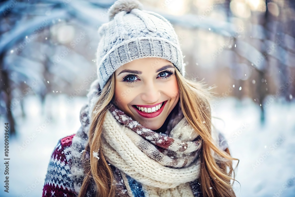 Beautiful Woman Smiling in Winter Wonderland Beautiful Woman Smiling in Winter Wonderland