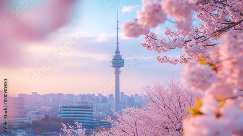 A view of a city skyline with a tall tower and cherry blossom trees in the foreground.