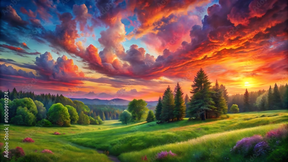 Breathtaking Sunset Over Lush Green Meadow with Majestic Pine Trees Breathtaking Sunset Over Lush Green Meadow with Majestic Pine Trees