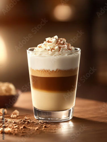 gourmet layered coffee drink with whipped cream and cocoa