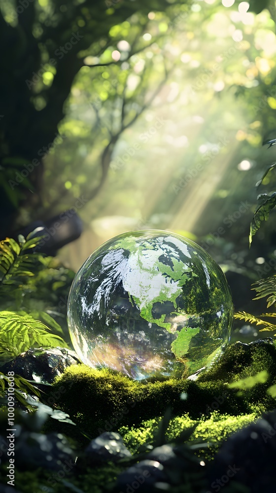 A glass globe rests on green moss, surrounded by lush plants and sunlight filtering through the leaves A glass globe rests on green moss, surrounded by lush plants and sunlight filtering through the leaves