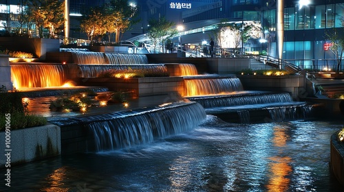 A cascading fountain in a city park.