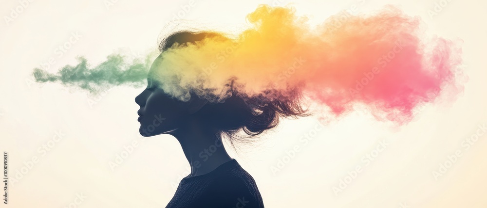 A silhouette of a woman with colorful smoke flowing from her head, symbolizing creativity, imagination, and inner thoughts. A silhouette of a woman with colorful smoke flowing from her head, symbolizing creativity, imagination, and inner thoughts.