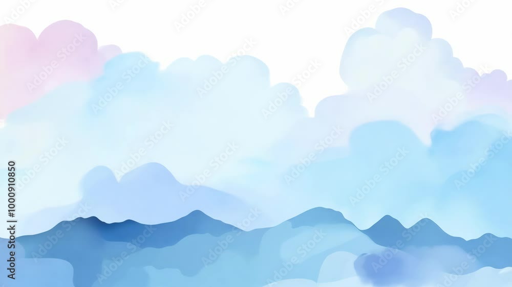 Serene watercolor sky and mountain landscape in soft pastel shades Serene watercolor sky and mountain landscape in soft pastel shades