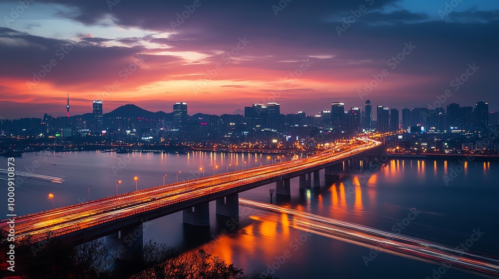A long exposure shot of a bridge with car headlights streaking through the city at sunset. A long exposure shot of a bridge with car headlights streaking through the city at sunset.