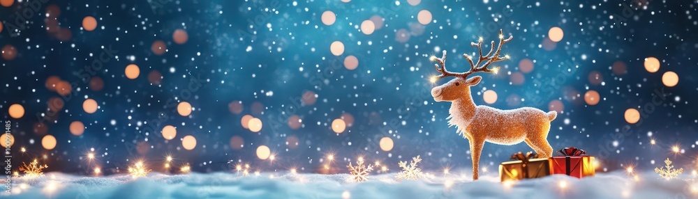 Christmas reindeer under twinkling fairy lights, snowy background, 3D illustration Christmas reindeer under twinkling fairy lights, snowy background, 3D illustration