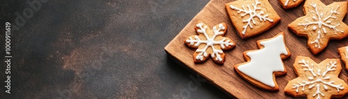 Christmas cookies shaped like snowflakes, stars, and trees, artfully arranged on a wooden board, rustic style, detailed focus, dark background