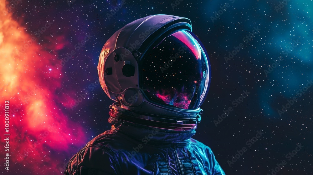 Astronaut in space suit gazes at stars, with helmet reflecting the colorful nebula and cosmic scenery. Astronaut in space suit gazes at stars, with helmet reflecting the colorful nebula and cosmic scenery.