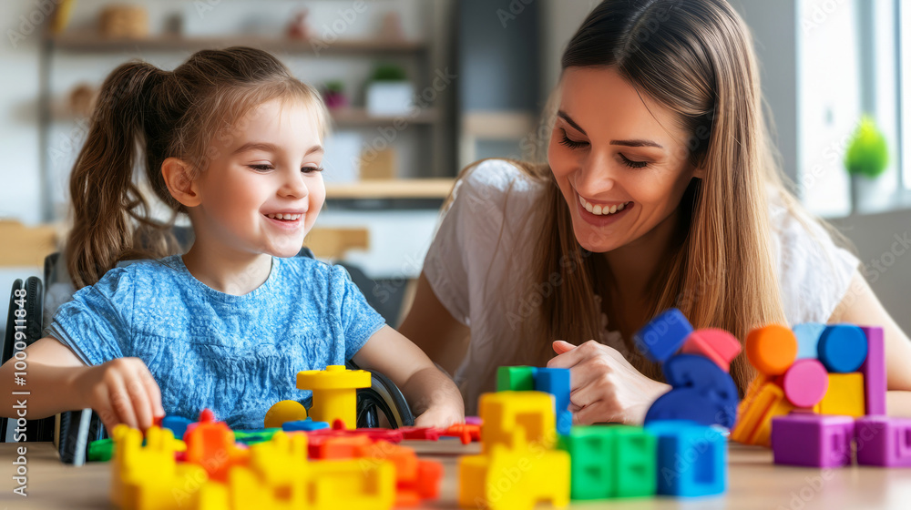 A joyful moment of a mother and daughter playing with colorful building blocks, fostering creativity and learning together. A joyful moment of a mother and daughter playing with colorful building blocks, fostering creativity and learning together.