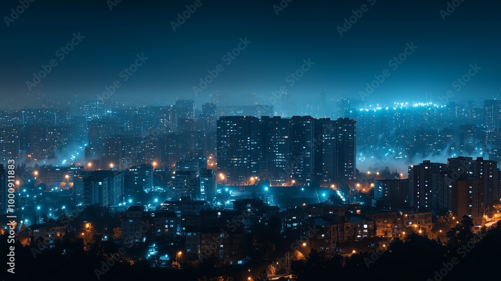 City Skyline at Night with Illuminated Buildings and Lights