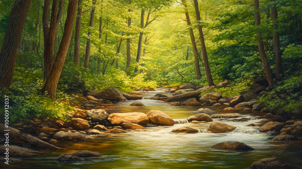 Obraz premium A serene forest scene featuring a gentle stream flowing over rocks, surrounded by lush greenery and sunlight filtering through the trees.