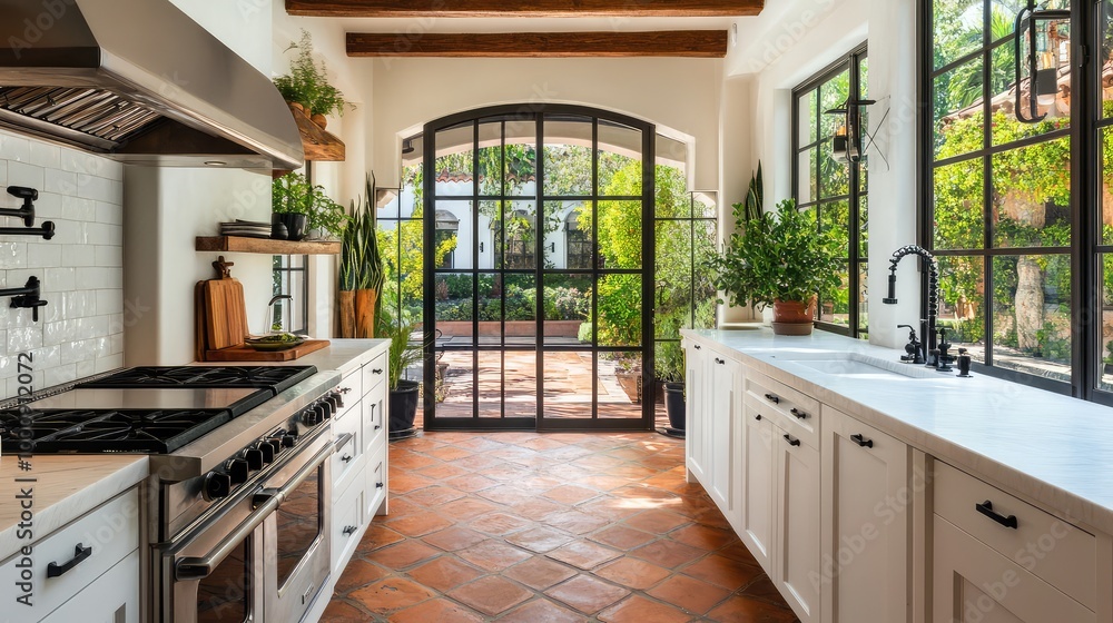 A contemporary Spanish kitchen, with sleek white cabinetry, terracotta floors, and large windows framing views of a lush courtyard A contemporary Spanish kitchen, with sleek white cabinetry, terracotta floors, and large windows framing views of a lush courtyard