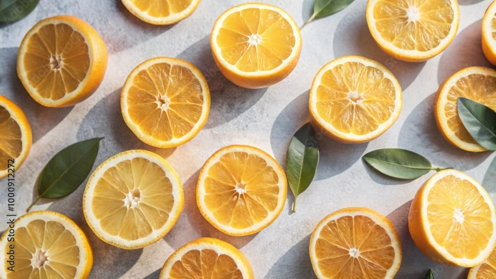Flat lay view Slices Oranges with green leaves isolated on background, summer fruit for refreshment, Freshness Citrus oranges.