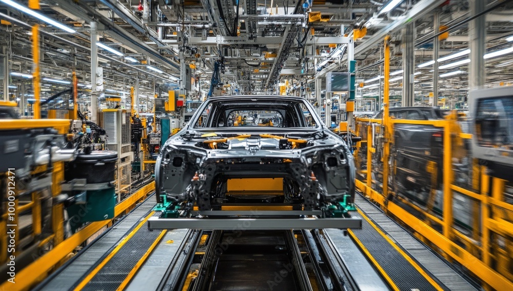 Automated car assembly line in modern factory for vehicle production Automated car assembly line in modern factory for vehicle production