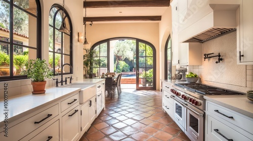 A contemporary Spanish kitchen, with sleek white cabinetry, terracotta floors, and large windows framing views of a lush courtyard