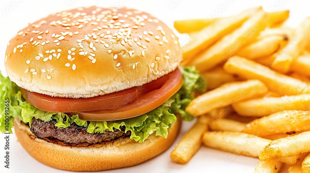Fresh Burger with Fries Served on White Background Fresh Burger with Fries Served on White Background