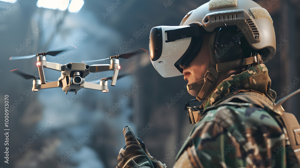 A military man in virtual glasses controls an fpv drone. Neural network AI generated art A military man in virtual glasses controls an fpv drone. Neural network AI generated art