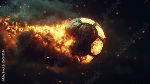 A flaming soccer ball soars through a dark sky, creating a dynamic and dramatic visual effect.