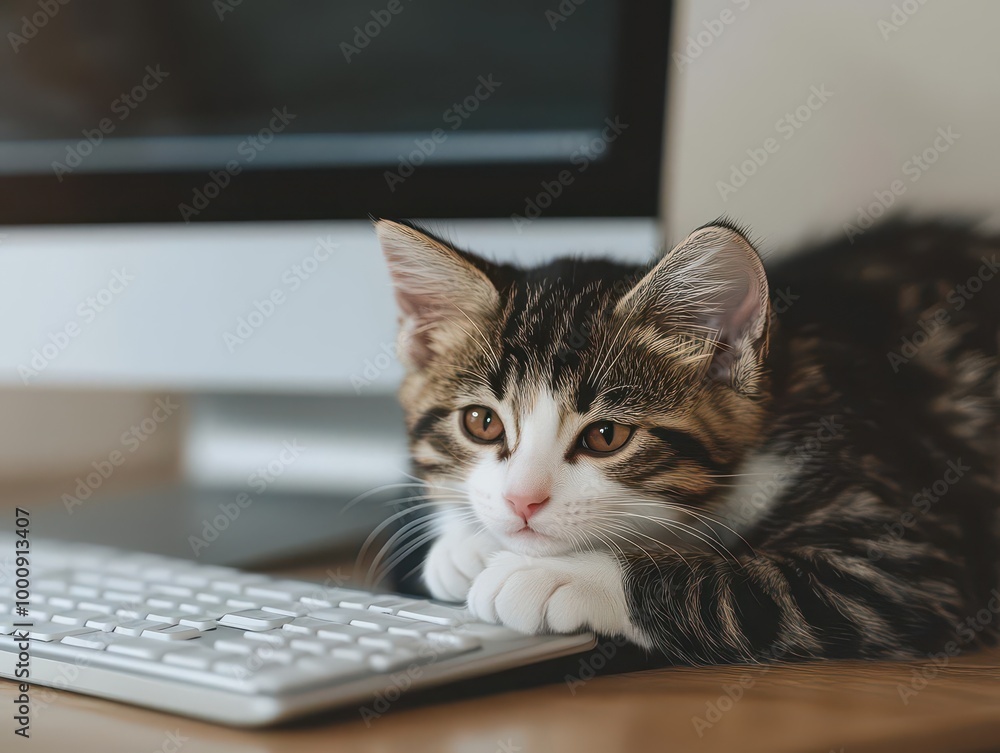 A kitten resting on a humans lap while they work on a computer, digital art, modern minimalism, soft lighting, showcasing companionship in everyday moments A kitten resting on a humans lap while they work on a computer, digital art, modern minimalism, soft lighting, showcasing companionship in everyday moments