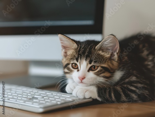 A kitten resting on a humans lap while they work on a computer, digital art, modern minimalism, soft lighting, showcasing companionship in everyday moments