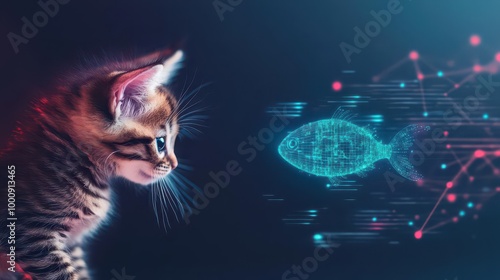 A kitten chasing a floating digital fish in augmented reality, futuristic style, neon colors, glowing effects, blending tech companionship with natural curiosity