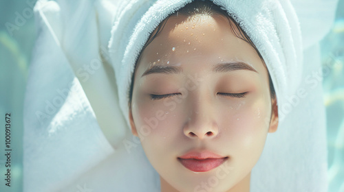 Beauty Image of Asian Women Towel Drying for Skincare, Body Care, and Esthetic Salon