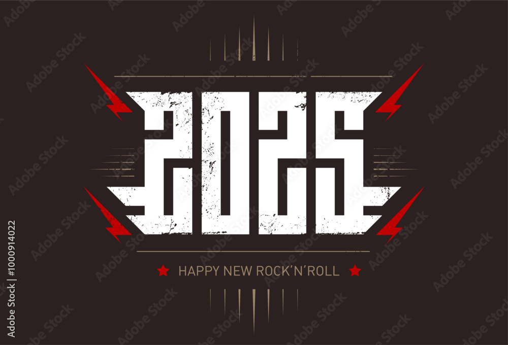 Obraz premium 2025 - t-shirt design for new year party. Cool print for t-shirt apparels with inscription. Happy New Rock'n'roll 2025 - music poster with stylized inscription, red lightnings and star.