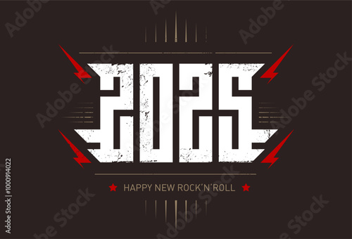2025 - t-shirt design for new year party. Cool print for t-shirt apparels with inscription. Happy New Rock'n'roll 2025 - music poster with stylized inscription, red lightnings and star.