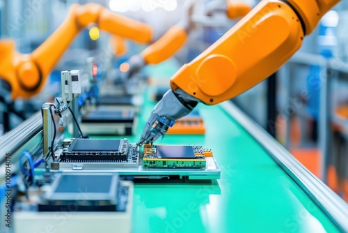 A factory assembly line with robotic arms assembling electronic devices, robotic assembly, automated production